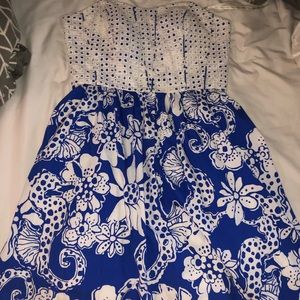 Lilly Pulitzer Blue White Floral Print Eyelet Corset Strapless Dress